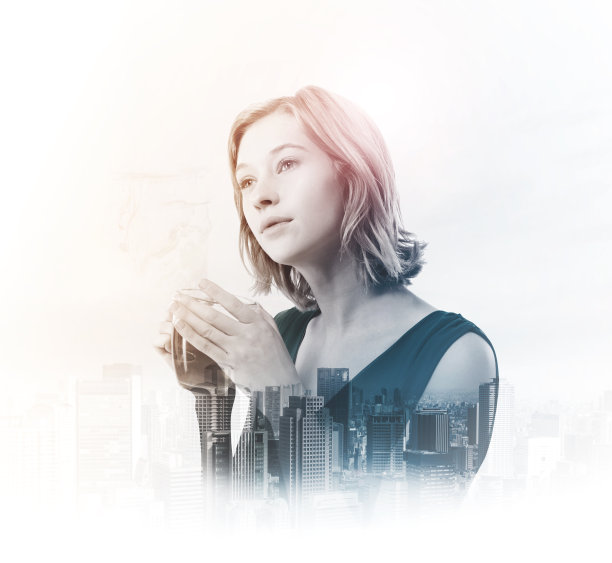 双重曝光的年轻女子拿着茶杯与城图片下载