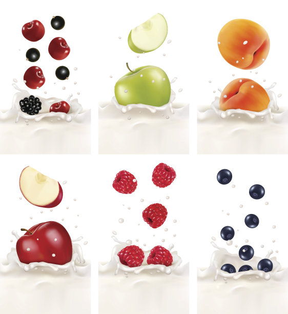五颜六色的新鲜水果落入乳白色的飞溅。向量illu图片下载