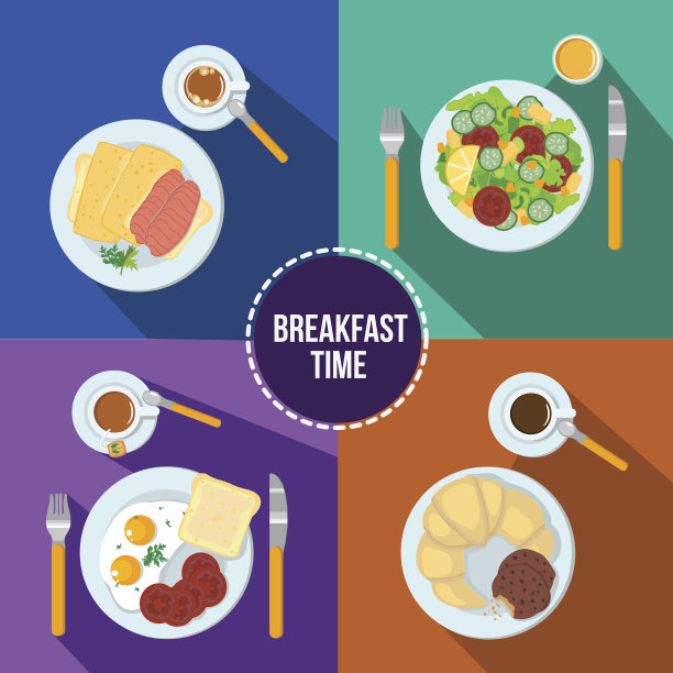 早餐向量集。培根炒蛋，牛角面包和牛角面包图片下载