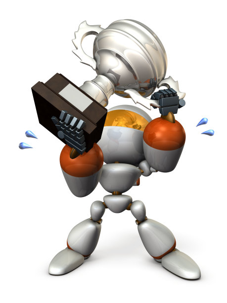 可爱的机器人拿着一个杯子。图片下载