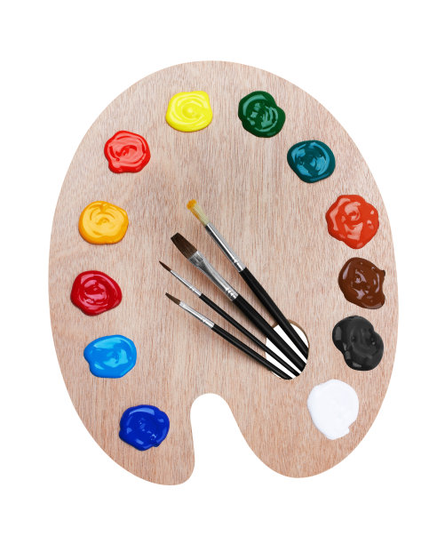 带有颜料和画笔的木制艺术调色板图片下载