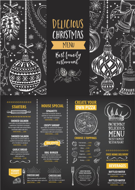 圣诞派对菜单餐厅。食物的传单。图片下载