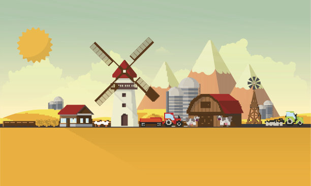 农业乡村景观多彩的平面设计，矢量插图。图片下载