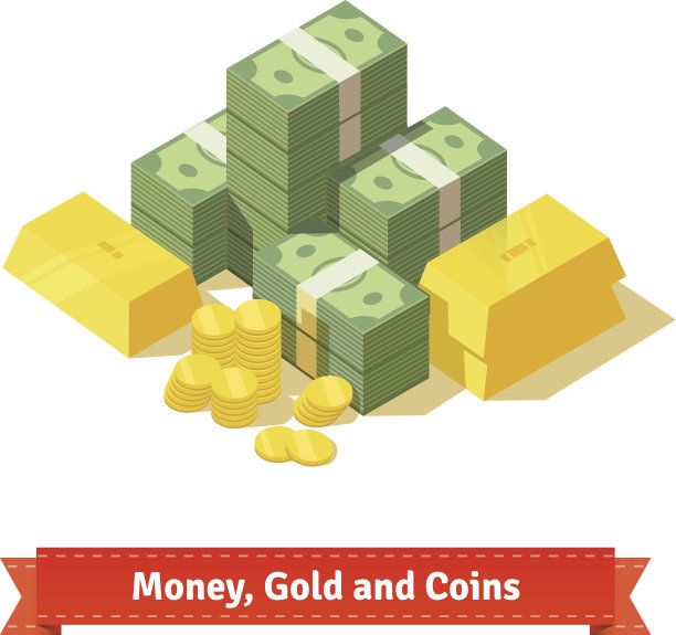 大量堆积的现金。一些金条和硬币素材图片