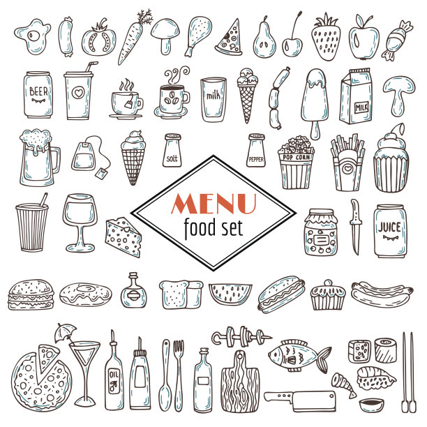 手绘一套食物图标。各种各样的涂鸦，图片下载