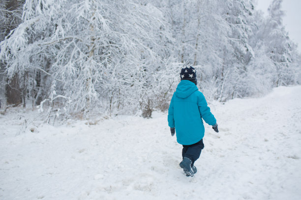 这个小男孩冬天在雪地里走图片下载