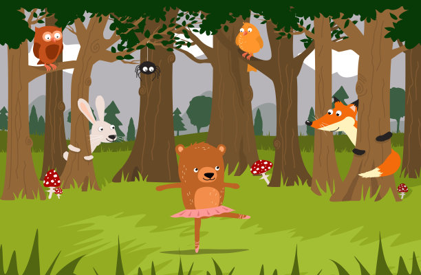 芭蕾舞熊和她的朋友们:狐狸、兔子、小鸟、蜘蛛，看着她在森林里跳舞。图片下载
