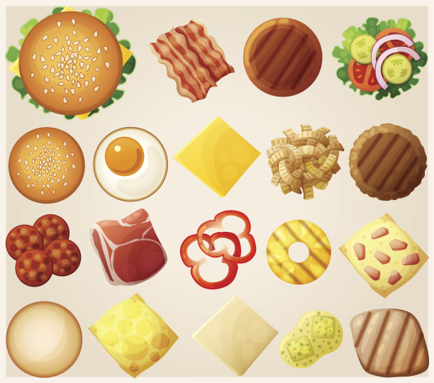 汉堡。前视图。配料:面包、乳酪、培根、番茄、洋葱图片下载