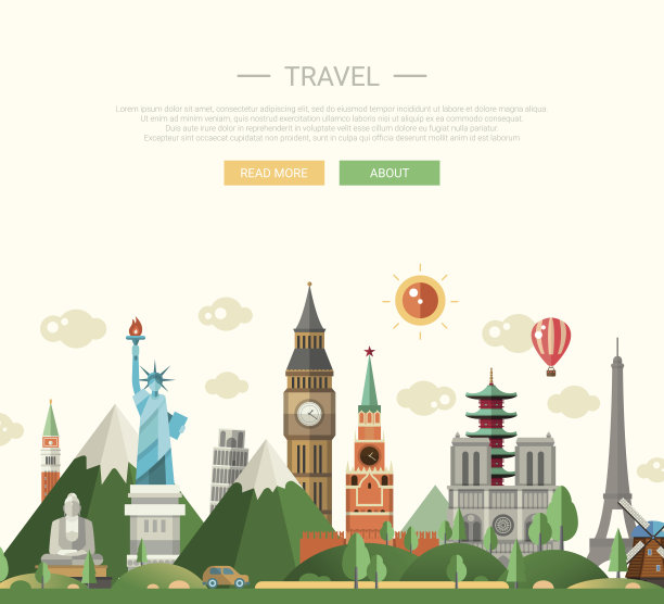 平面设计构图插图与世界著名地标图片下载