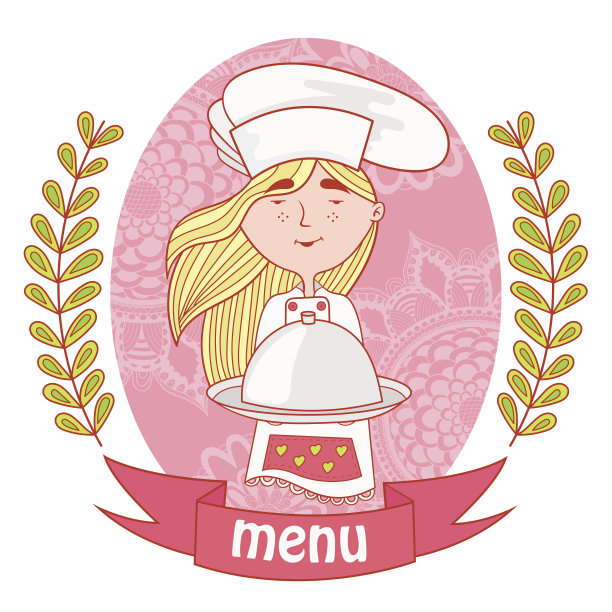 可爱的女孩厨师用盘子做饭。菜单。图片下载