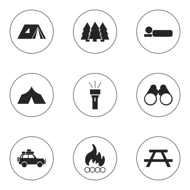 一套9可编辑的露营图标。图片下载