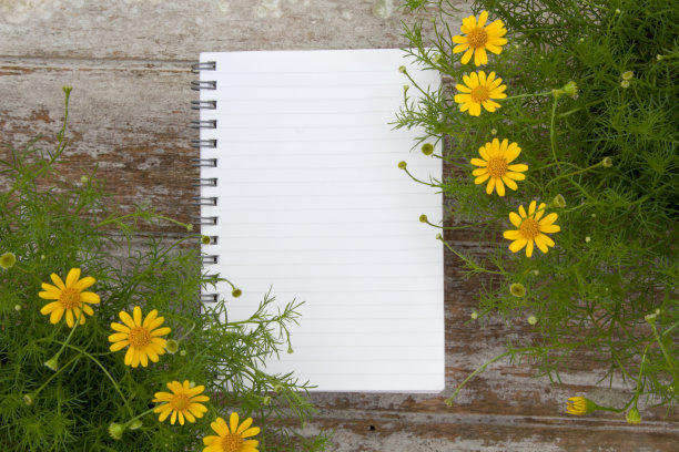 木桌上放着空白的记事本和鲜花图片下载