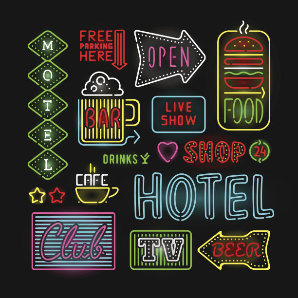 灯光霓虹灯标签矢量插图素材图片
