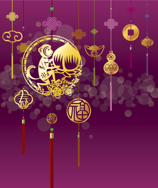 春节猴子背景与金色装饰图片下载