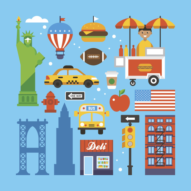 美国纽约平面元素的网页图形和设计。素材图片