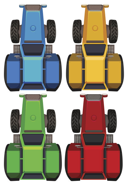 俯视图拖拉机四种颜色图片下载