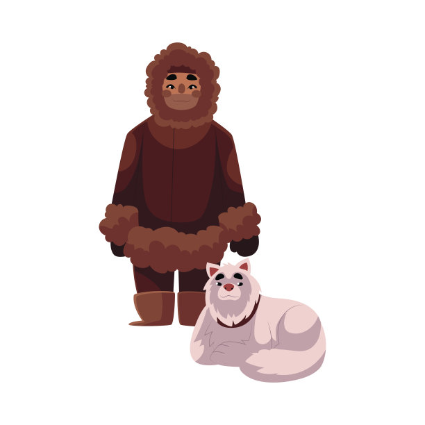 爱斯基摩人，因纽特人穿着暖和的冬衣，带着雪橇狗图片下载