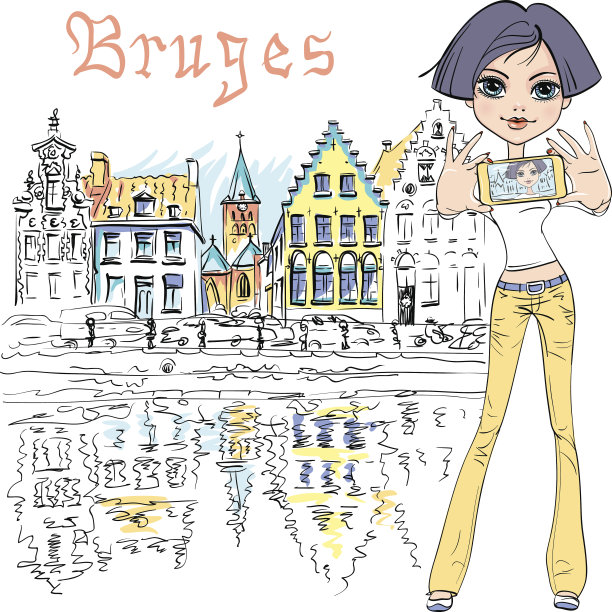 比利时布鲁日，时髦可爱的女孩在自拍图片下载