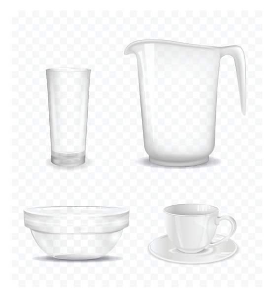 透明的沙拉碗，水壶，杯子和玻璃杯。矢量插图。图片下载