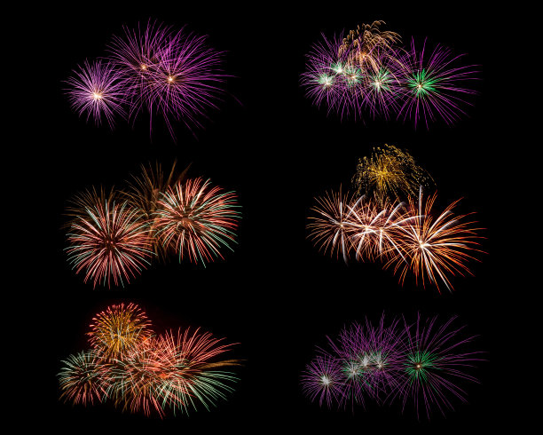 彩色烟花孤立在黑色背景图片下载