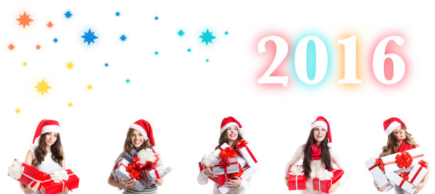 带礼物的圣诞女人。2016年文本。图片下载