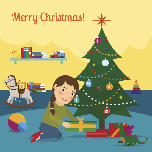 女孩装饰圣诞树图片下载