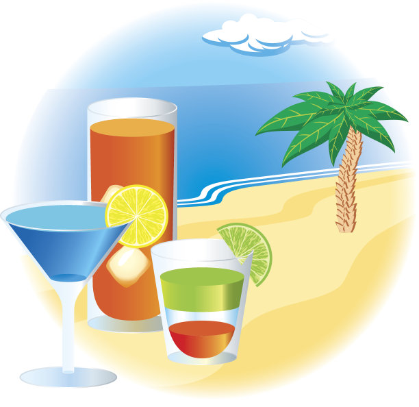 有鸡尾酒和棕榈树的海滩图片下载