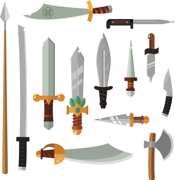 武器收集剑，刀，斧头，矛与金色手柄卡通图片下载