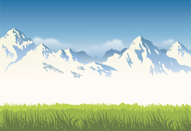 白雪皑皑的山峦映衬着青草图片下载