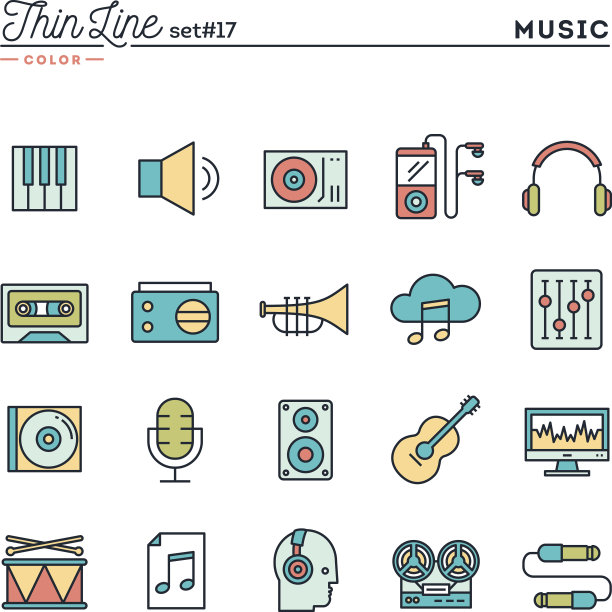 音乐、声音、录音、编辑等细线彩色图标图片下载