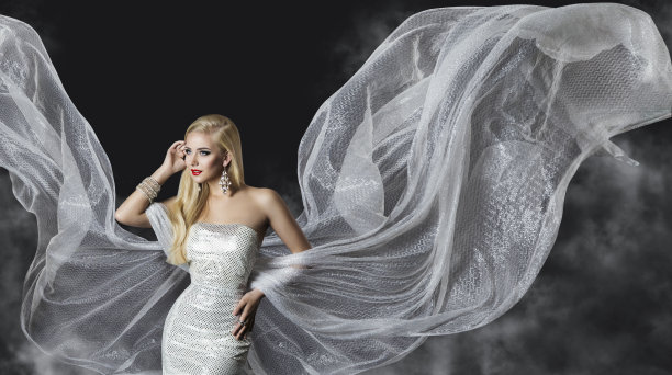 时装模特服装，女人飘逸的布翅膀，女孩银色织物图片下载