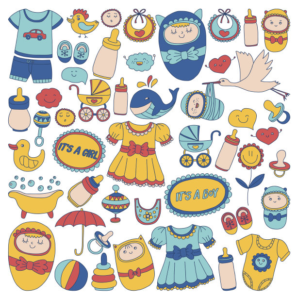 婴儿图标手绘涂鸦矢量集图片下载