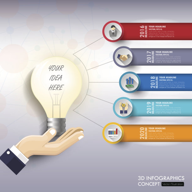 3d灯泡时间线信息图与图标设置。向量。illu图片下载