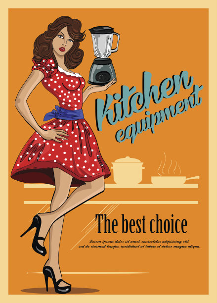 厨房设备的复古海报。和美丽的女人在一起图片下载