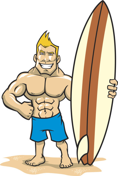 微笑肌肉冲浪者与冲浪板摆姿势图片下载