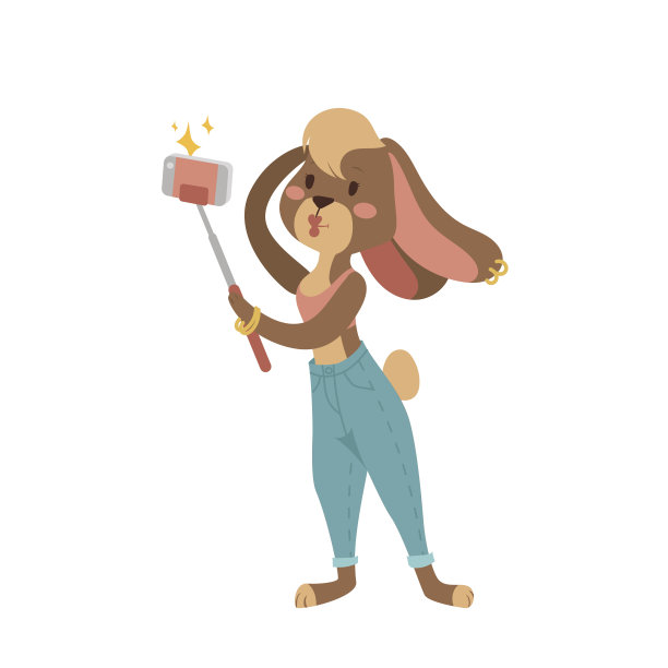 搞笑图片兔子摄影师哺乳动物人拿着自拍杆和可爱的动物自拍一起用智能手机相机矢量插图图片下载