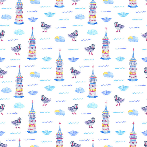 海水彩无缝模式与灯塔和海雀图片下载