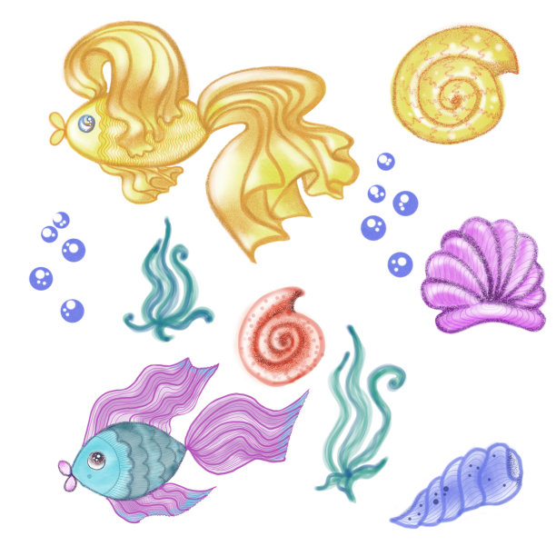 画的鱼和贝壳图片下载