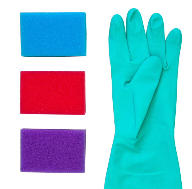 洗碗用的橡胶手套和彩色海绵图片下载