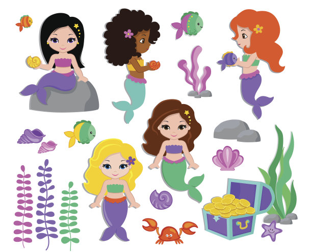 可爱的小美人鱼的矢量插图。图片下载