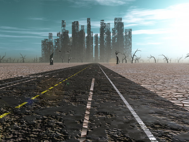 风化的路通向废弃的城市图片下载