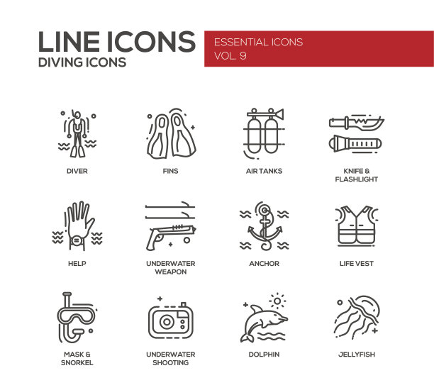 水肺潜水系列设计图标集图片下载