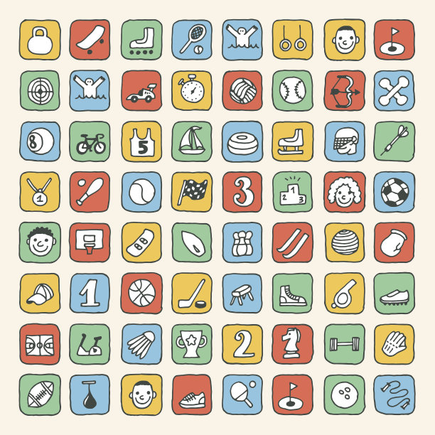 手绘彩色涂鸦运动图标集。矢量插图。图片下载