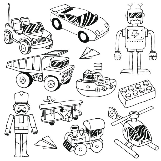 手绘涂鸦男孩玩具套装。矢量插图。图片下载