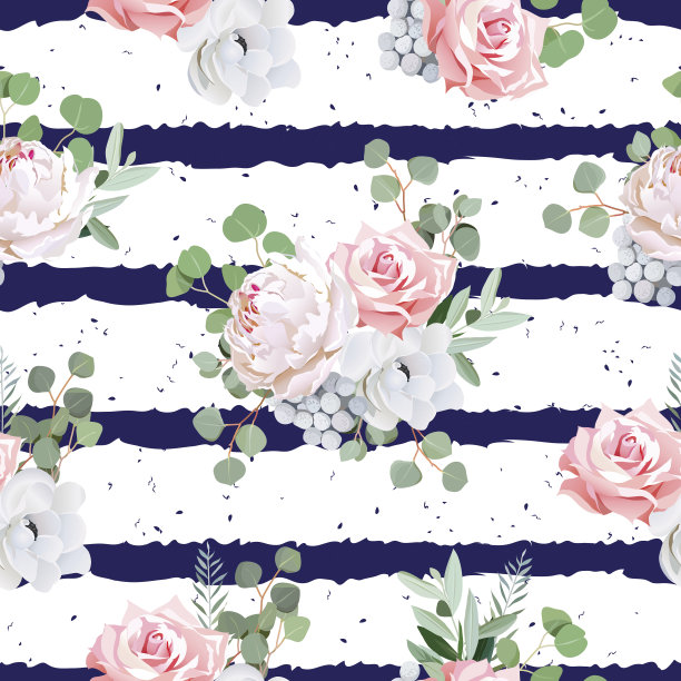 海军条纹无缝矢量图案与花束和斑点的背景。图片下载