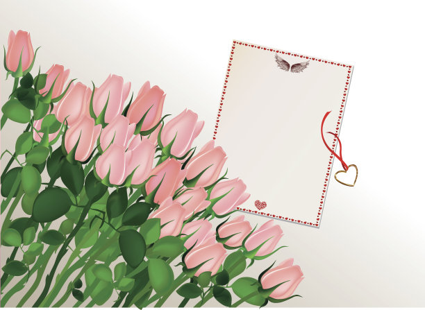 美丽的粉色花朵、玫瑰、心形吊坠、金色项链，广告素材，情人节婚礼和生日贺卡，白色背景矢量图图片下载