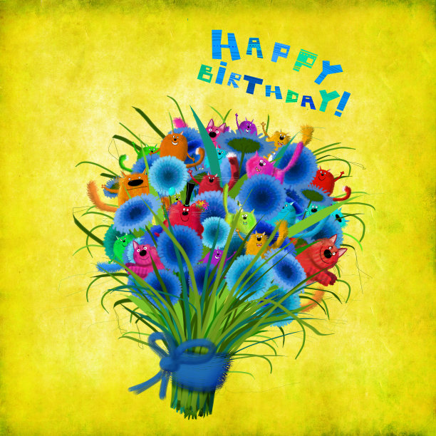 生日卡片，一束花和猫图片下载