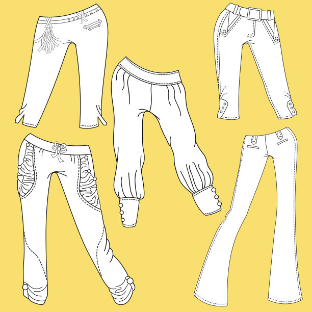 不同牛仔布和牛仔裤衣服的平面模板草图图片下载
