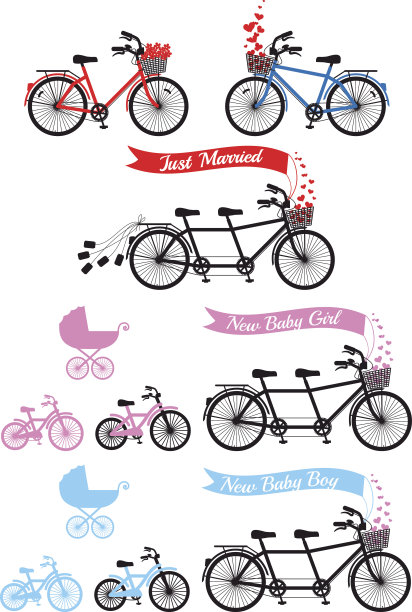 双人自行车婴儿淋浴，矢量套装图片下载