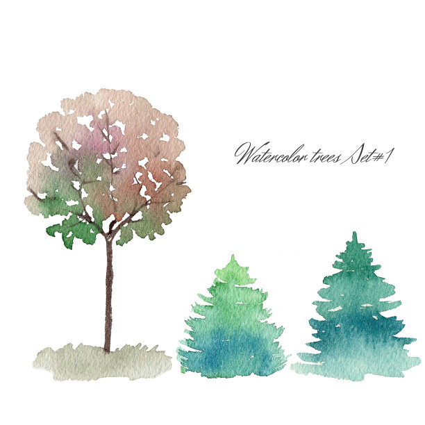 一组水彩树，正面视图图片下载